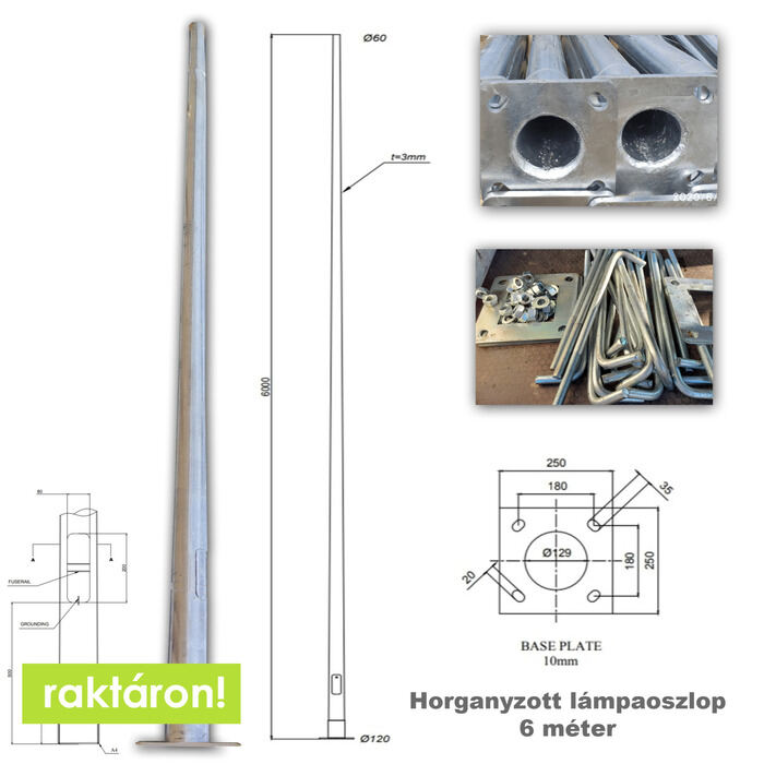 6 méter Horganyzott acél lámpaoszlop UTCAI VILÁGÍTÁSHOZ-PREMIUM LINE