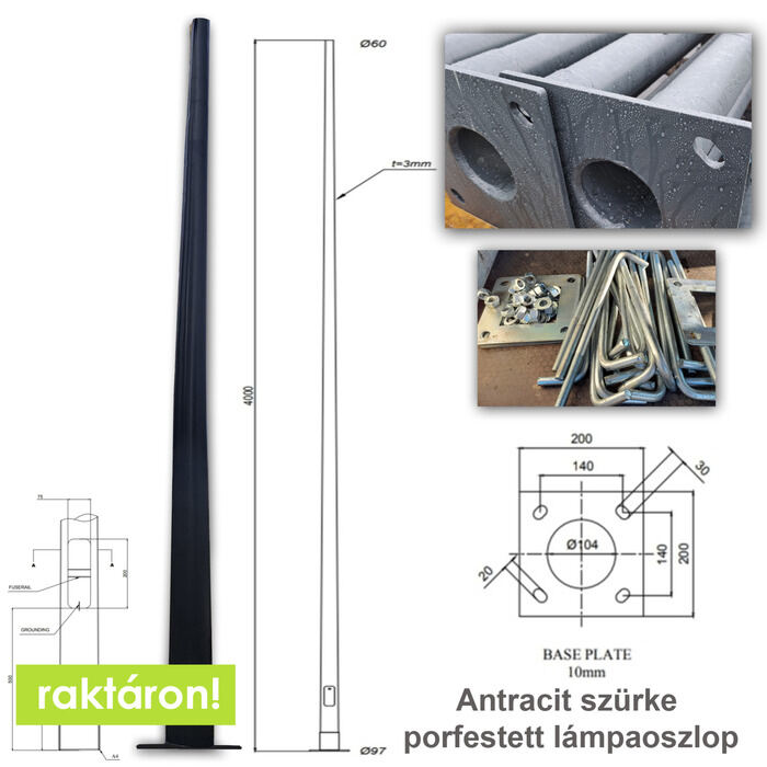 4 méter porfestett acél lámpaoszlop ANTRACIT SZÜRKE -PREMIUM LINE