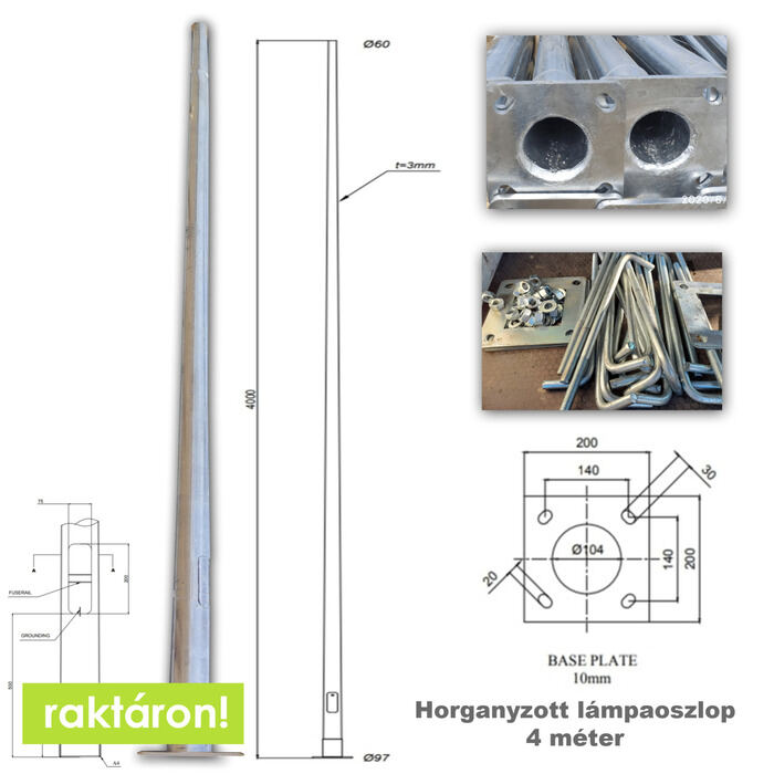 4 méter Horganyzott acél lámpaoszlop UTCAI VILÁGÍTÁSHOZ-PREMIUM LINE